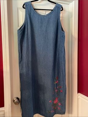 Vintage Roaman's Blue 90's Denim Midi Dress with Pink Floral Embroidery